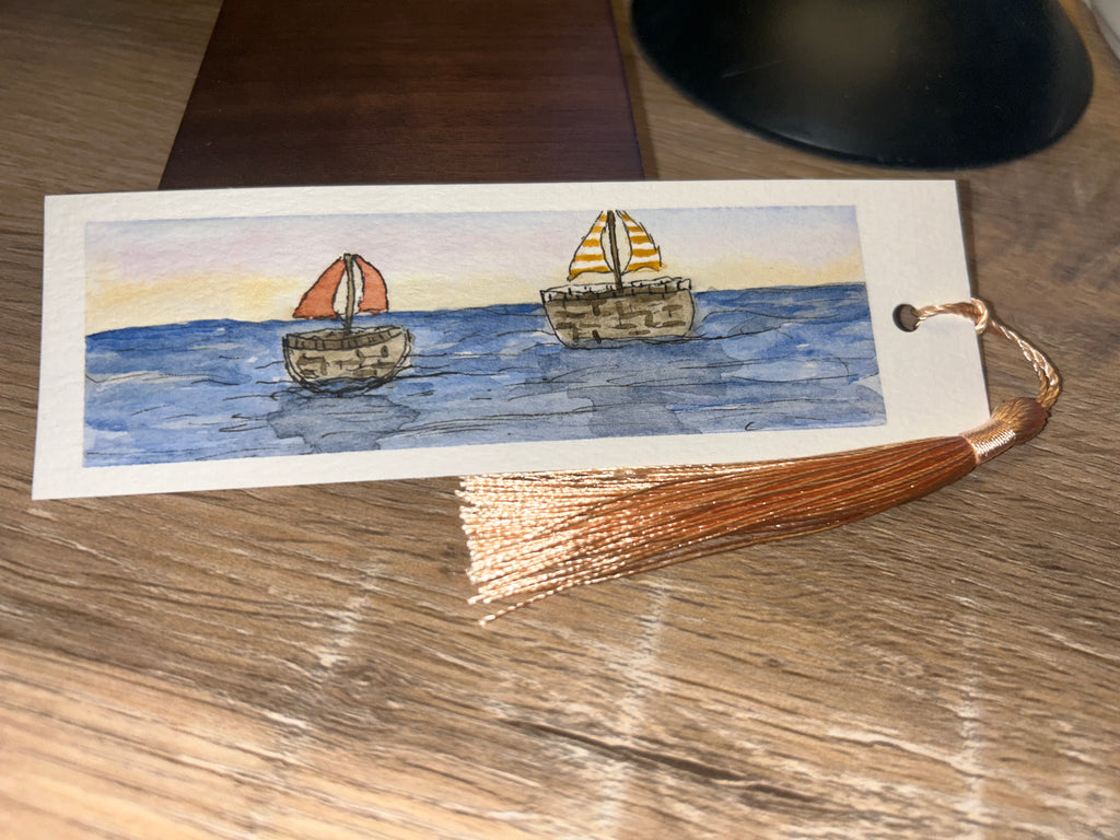 Hand-Painted Sailboat Ocean Watercolor Bookmark with Tassel