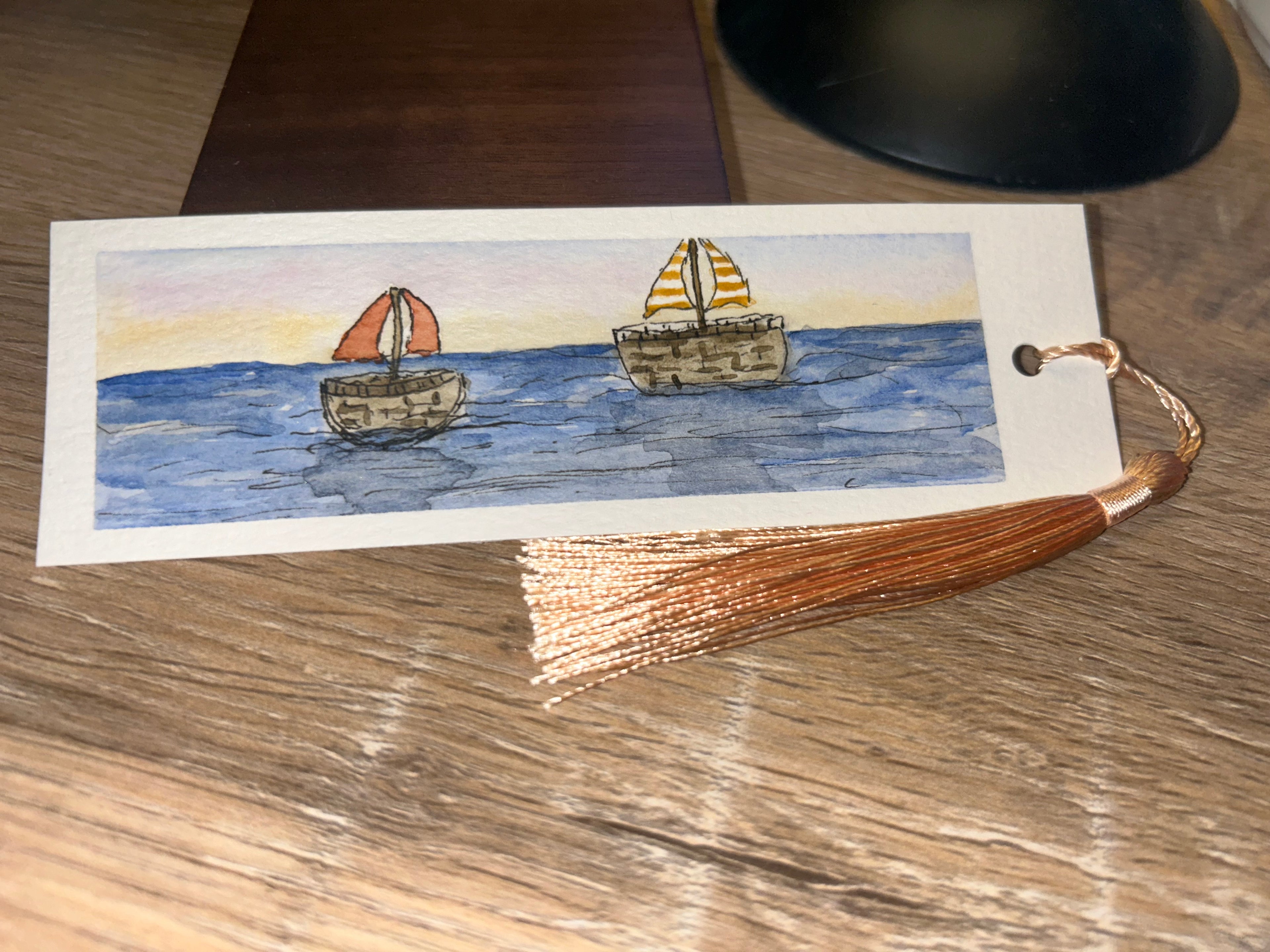 Hand-Painted Sailboat Ocean Watercolor Bookmark with Tassel
