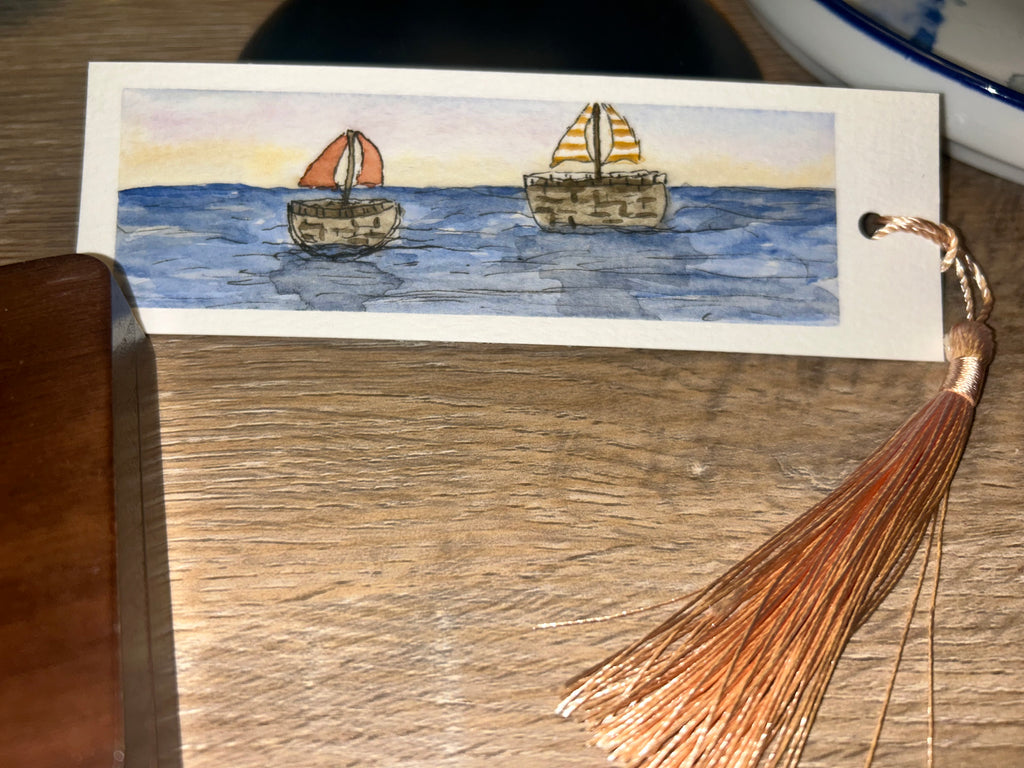 Hand-Painted Sailboat Ocean Watercolor Bookmark with Tassel