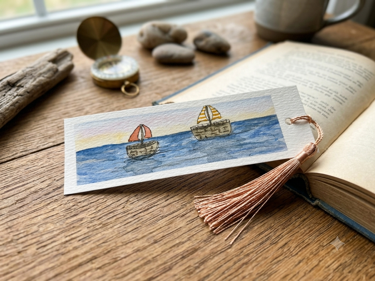 Hand-Painted Sailboat Ocean Watercolor Bookmark with Tassel