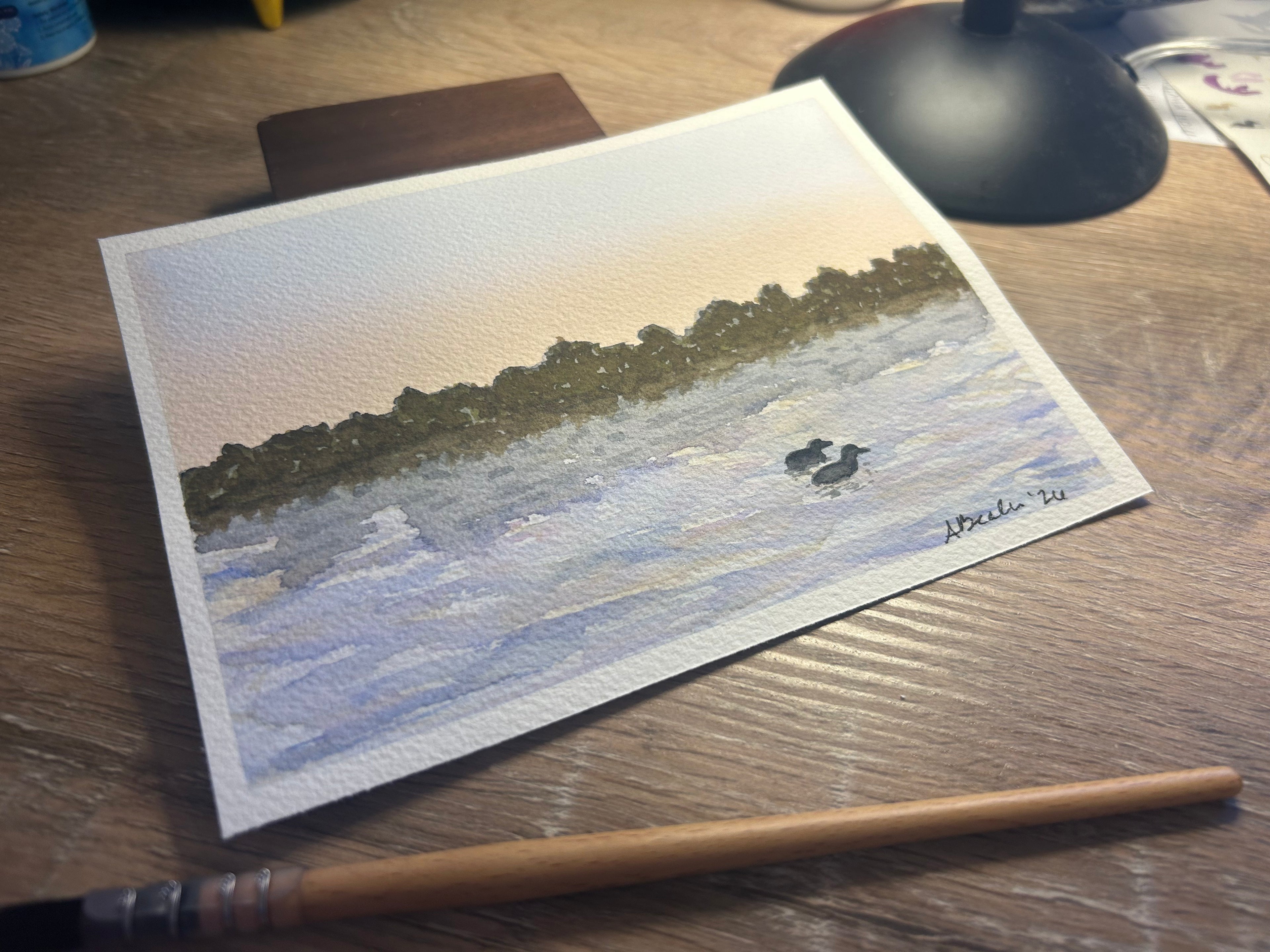 Original Watercolor Landscape Painting – Quiet Sunset with Ducks