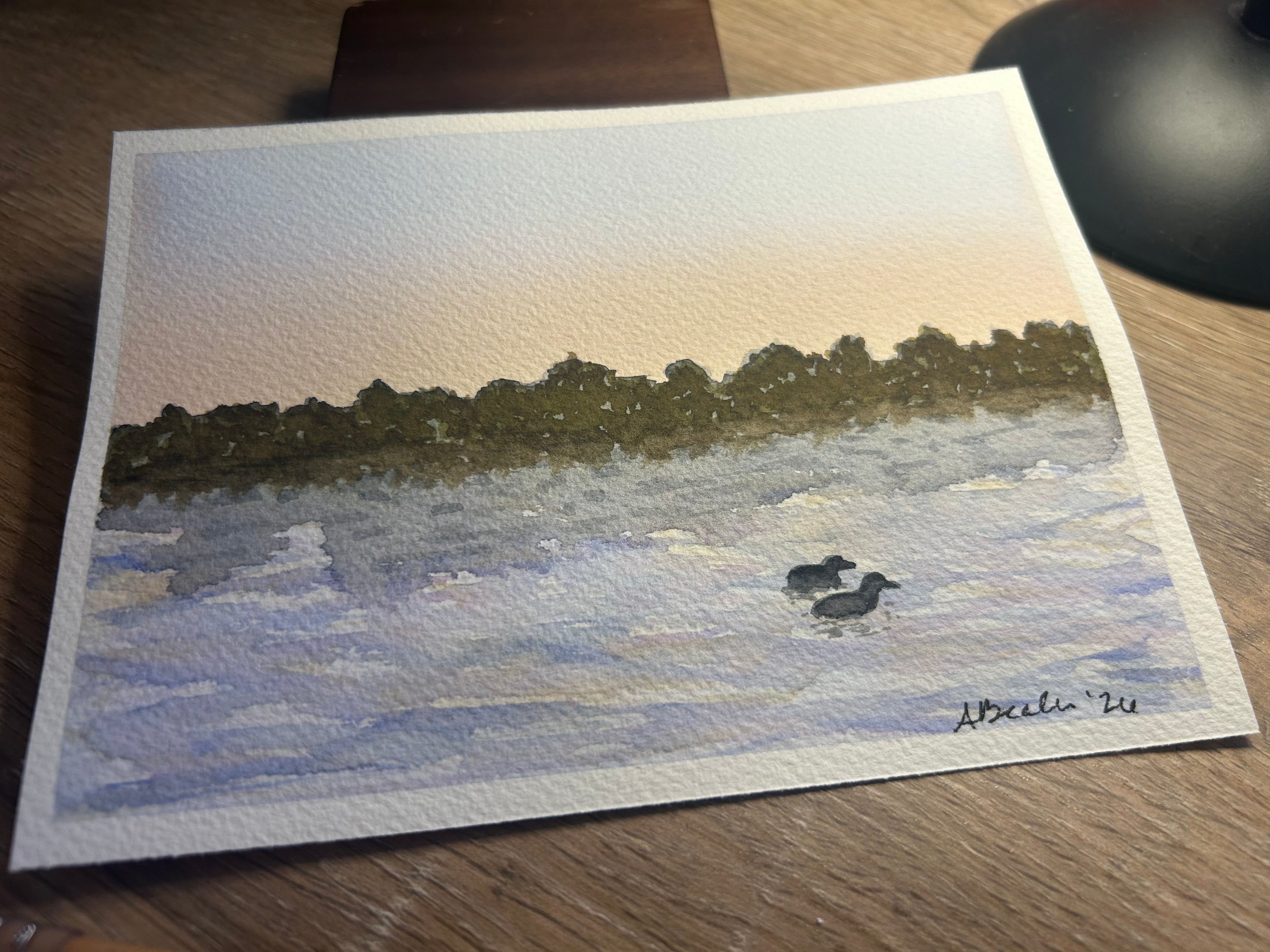Original Watercolor Landscape Painting – Quiet Sunset with Ducks