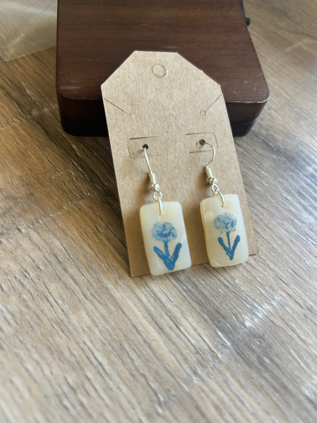 Handcrafted Polymer Clay Botanical Earrings - Translucent Cream & Blue Floral Drops