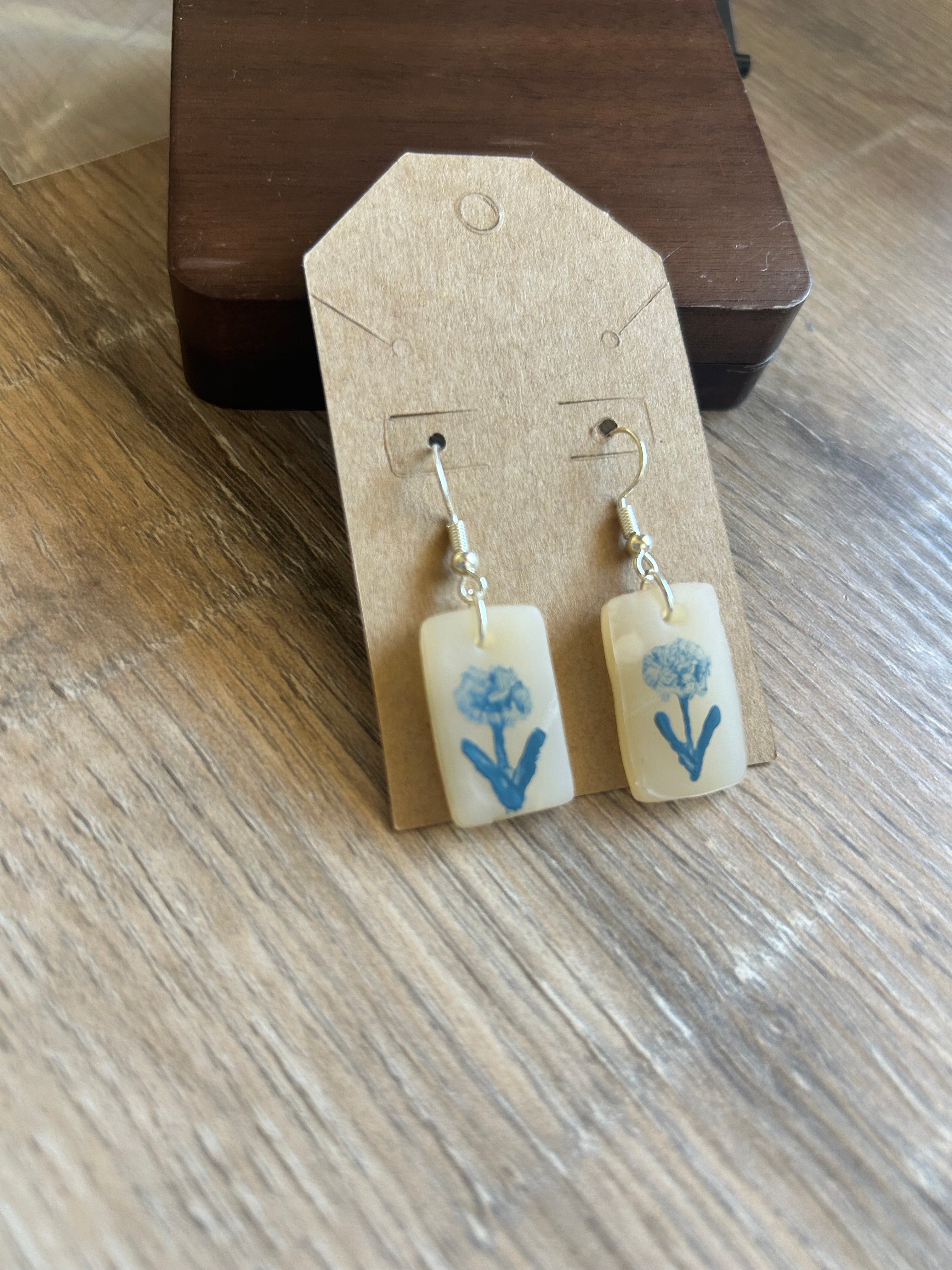 Handcrafted Polymer Clay Botanical Earrings - Translucent Cream & Blue Floral Drops