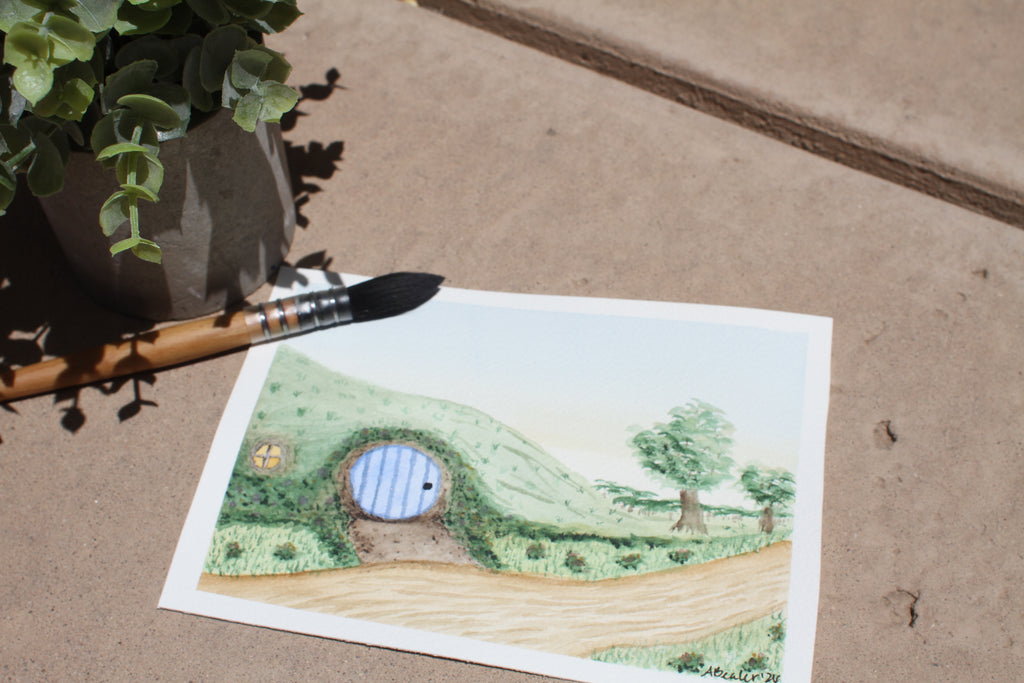 🚪 Original Fantasy Shire Watercolor Painting – Hand-Painted Whimsical Landscape Art 🚪