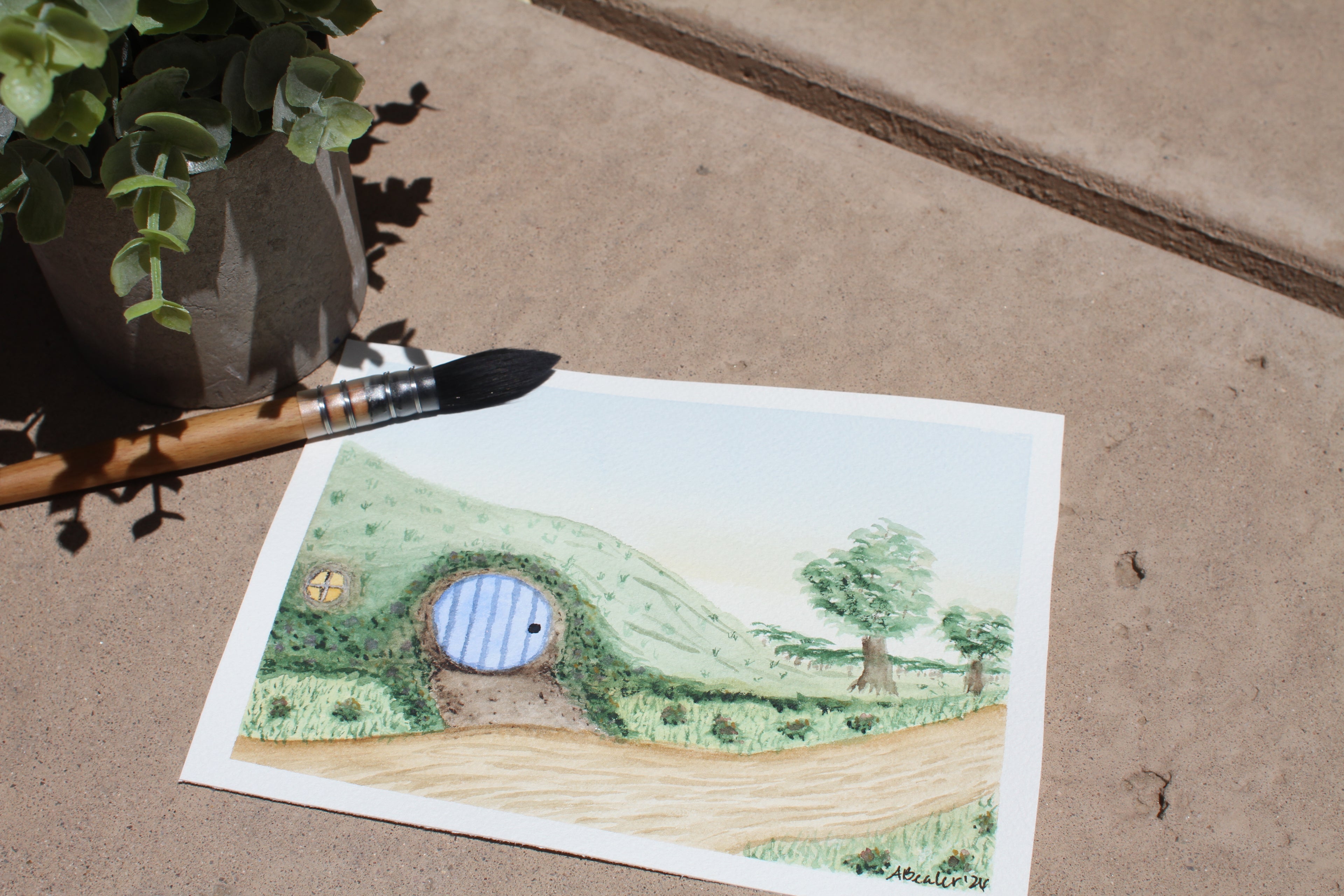 🚪 Original Fantasy Shire Watercolor Painting – Hand-Painted Whimsical Landscape Art 🚪