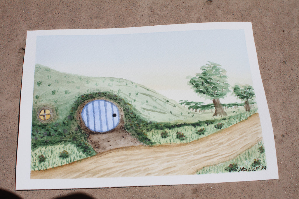 🚪 Original Fantasy Shire Watercolor Painting – Hand-Painted Whimsical Landscape Art 🚪