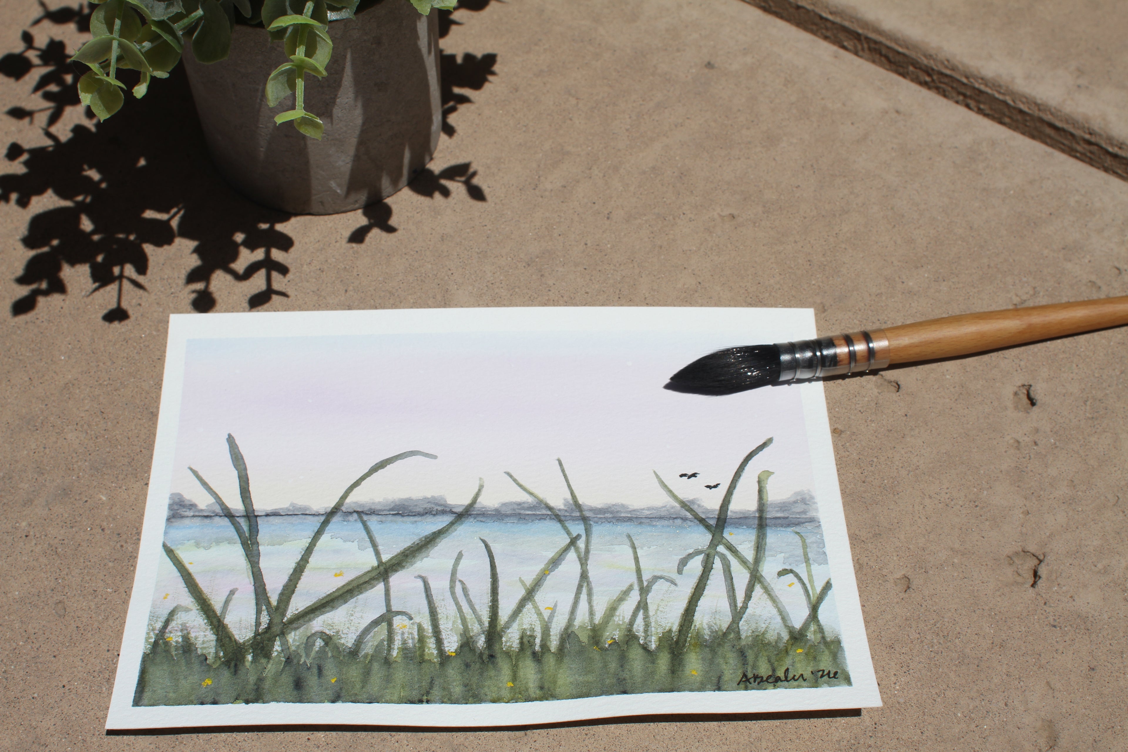 🌾 Original Lakeside Meadow Watercolor Painting – Hand-Painted Landscape Art 🌾