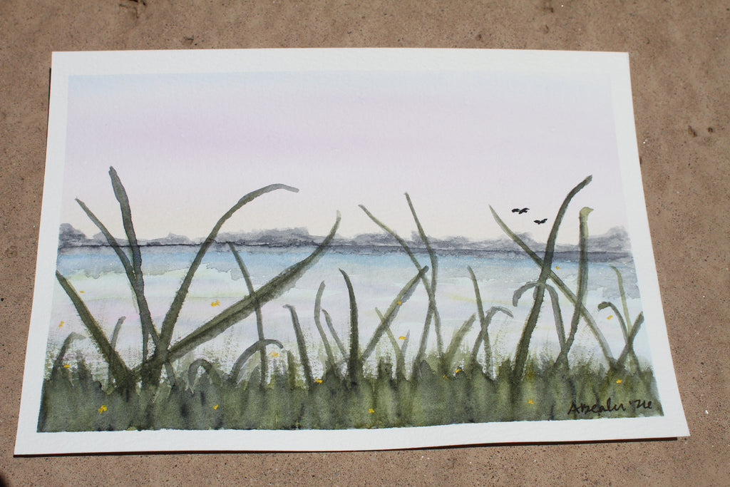 🌾 Original Lakeside Meadow Watercolor Painting – Hand-Painted Landscape Art 🌾
