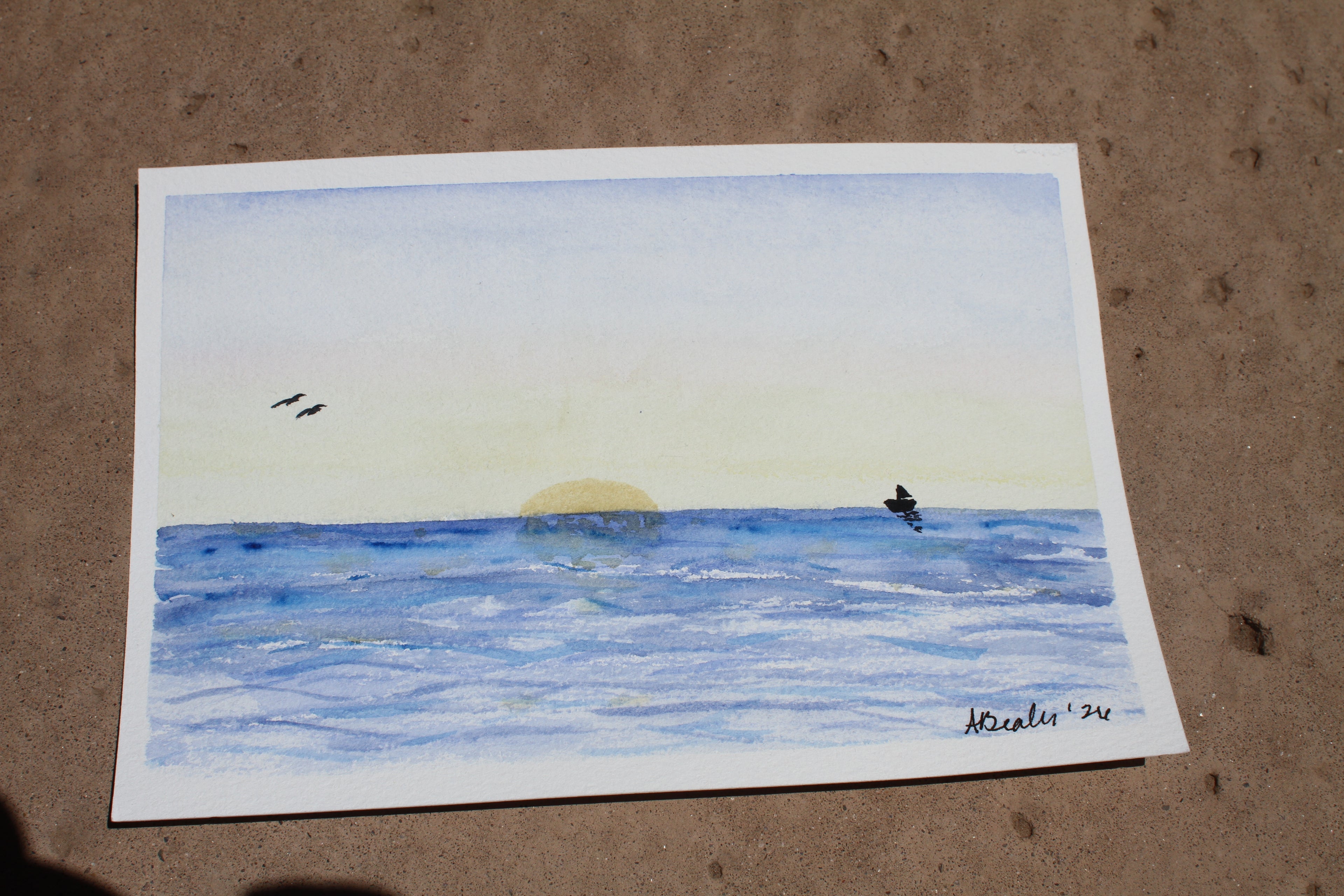 🌅 Original Ocean Sunset Watercolor Painting – Hand-Painted Seascape Art 🌅