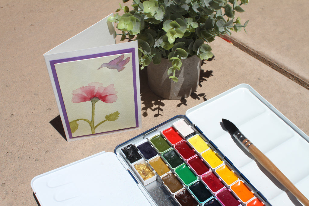 🌸 Original Watercolor Hummingbird & Flower Blank Notecard (4x6)