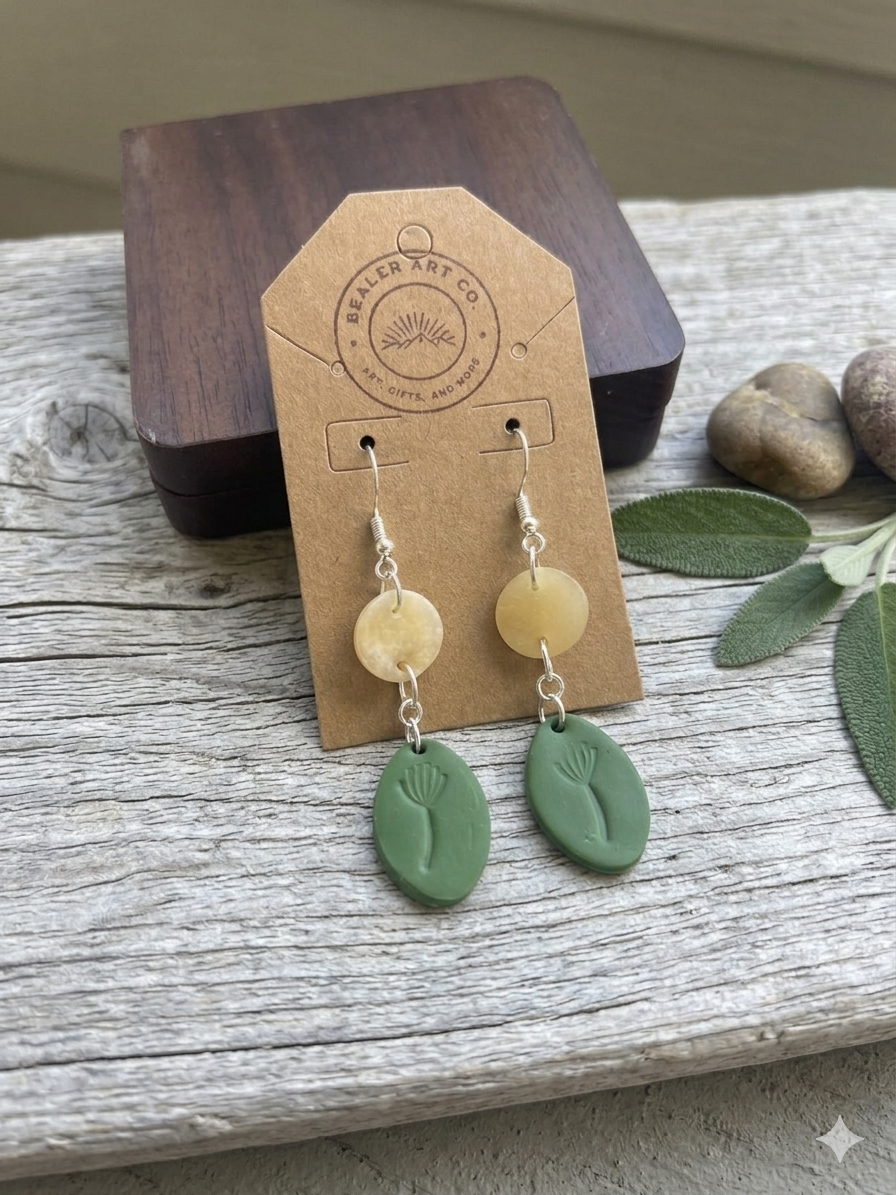 Handmade Olive Green Botanical Dangle Earrings in Silver