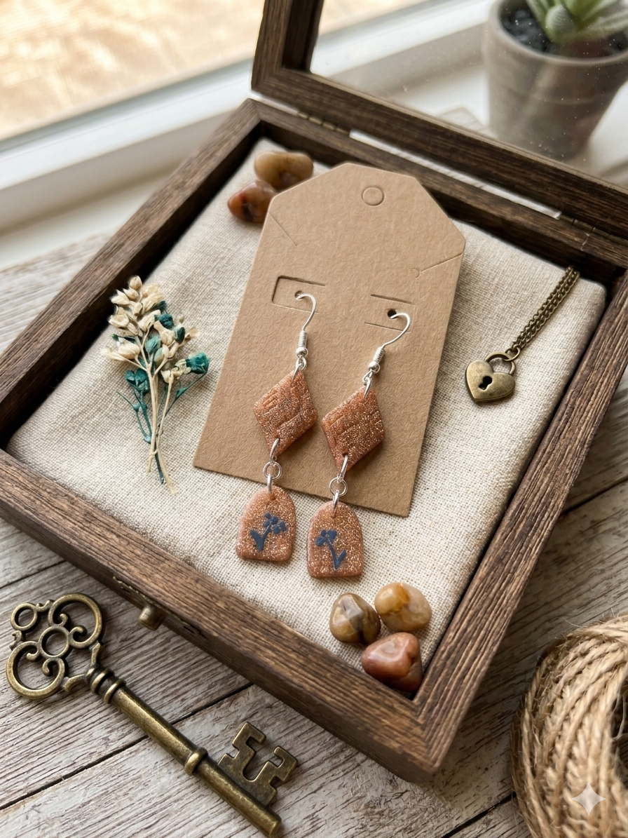 ✨ Glittering Rose Gold & Blue Floral Dangle Earrings – Geometric Arches and Diamonds