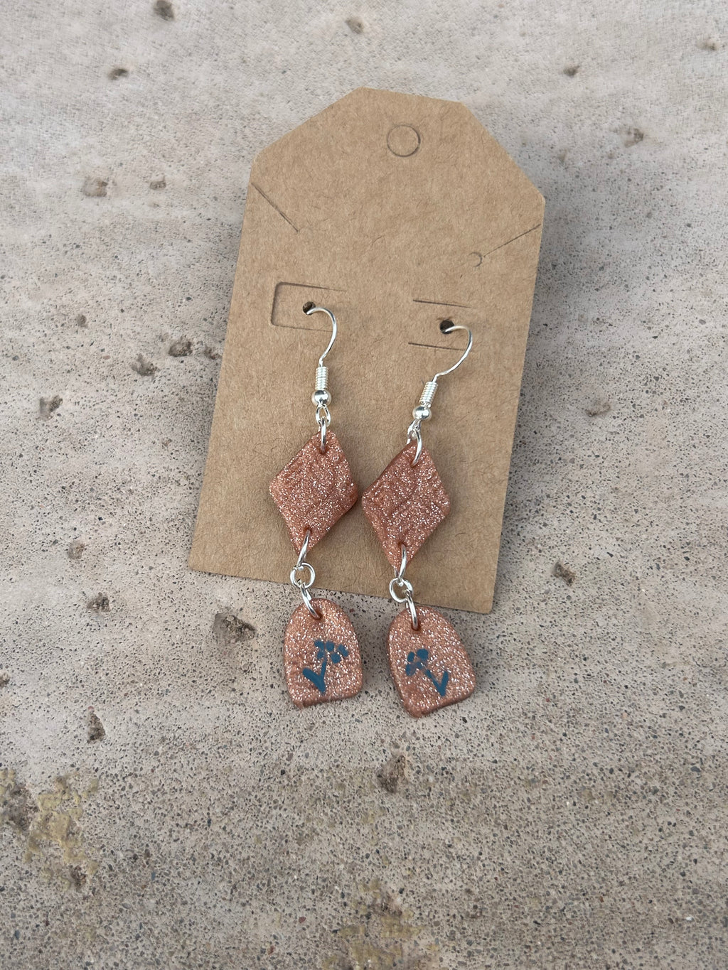 ✨ Glittering Rose Gold & Blue Floral Dangle Earrings – Geometric Arches and Diamonds