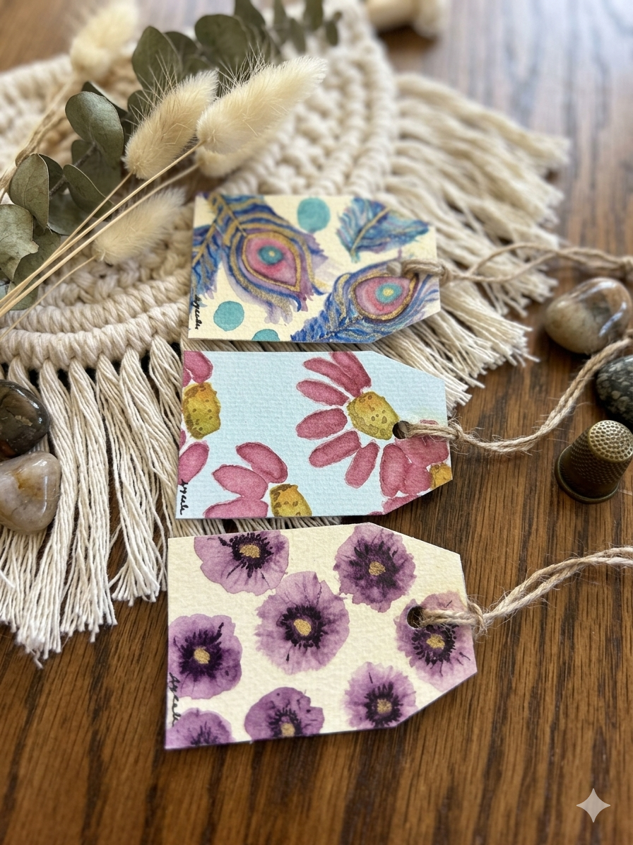 Original Watercolor Gift Tags - Boho Botanical & Peacock Feather Set (Set of 3)