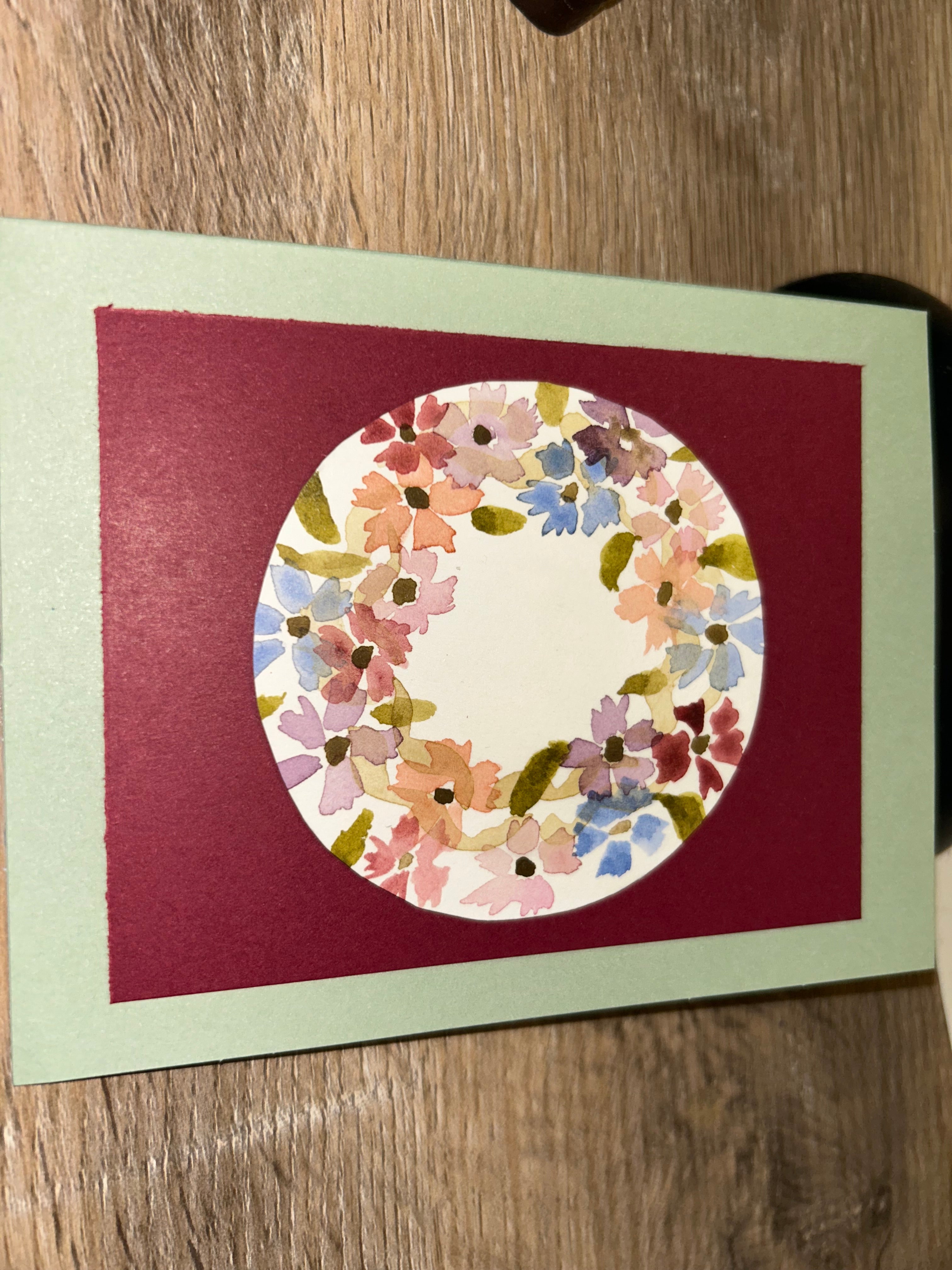 Elegant Watercolor Floral Wreath Card – Handmade Blank Greeting Card