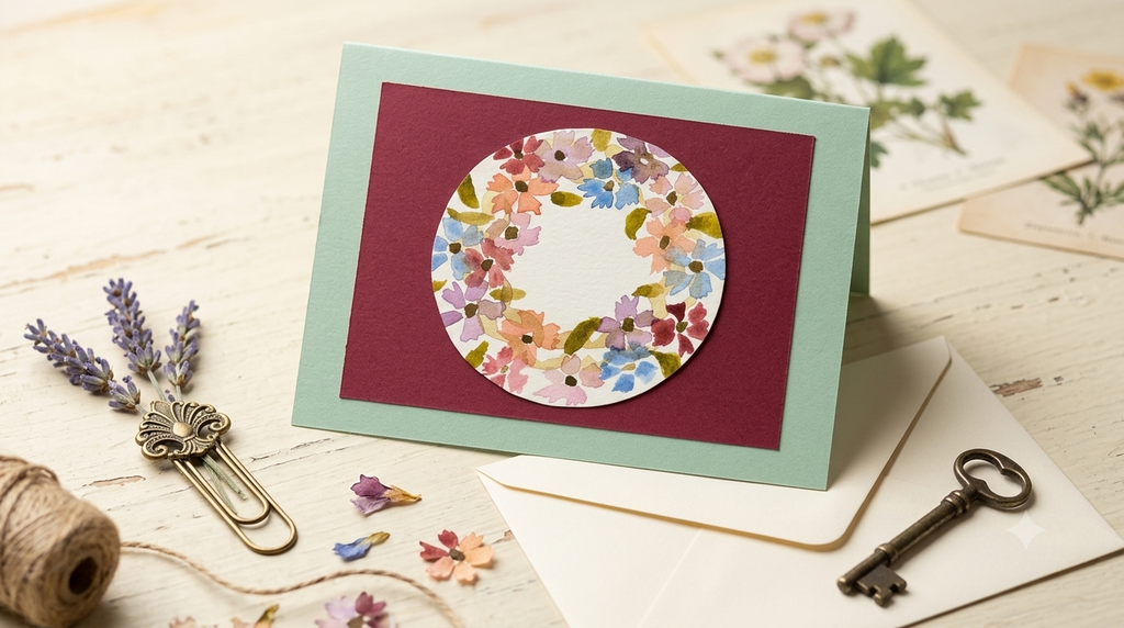 Elegant Watercolor Floral Wreath Card – Handmade Blank Greeting Card