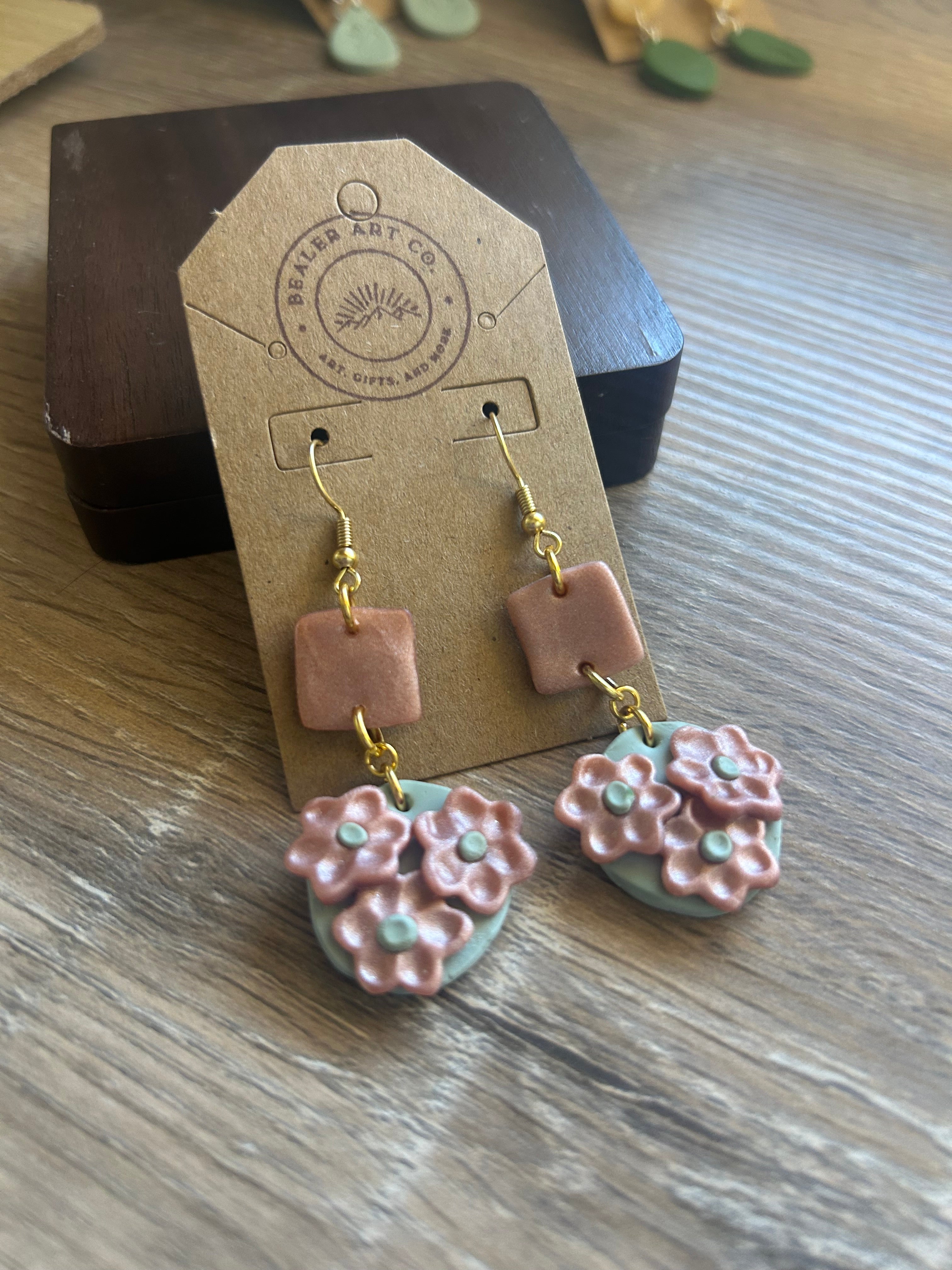 Handmade Shimmering Rose & Sage Floral Cluster Dangle Earrings
