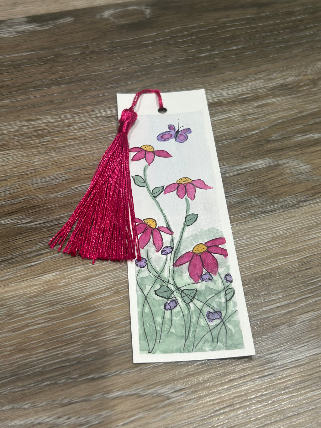 Hand-Painted Watercolor Coneflower and Butterfly Bookmark with Magenta Tassel