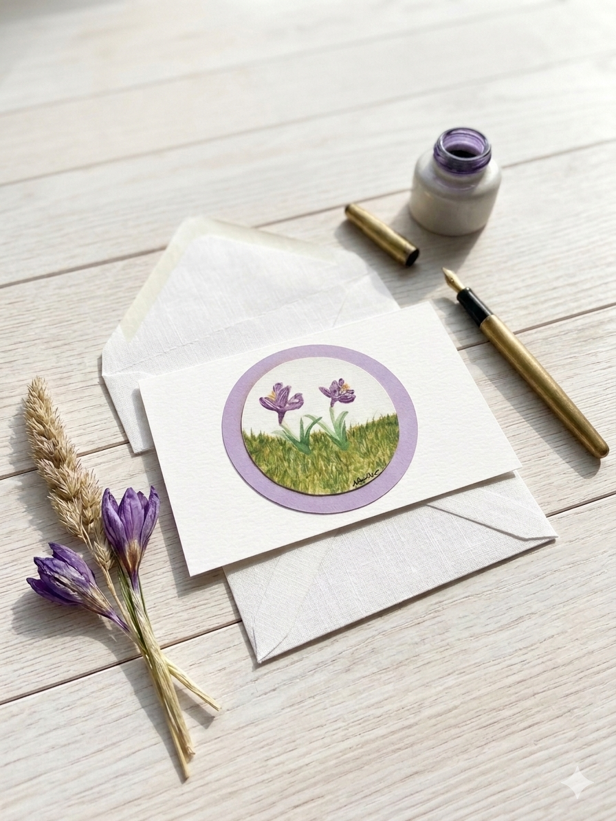 Unique Handmade Spring Card, Original Watercolor Crocus Flowers