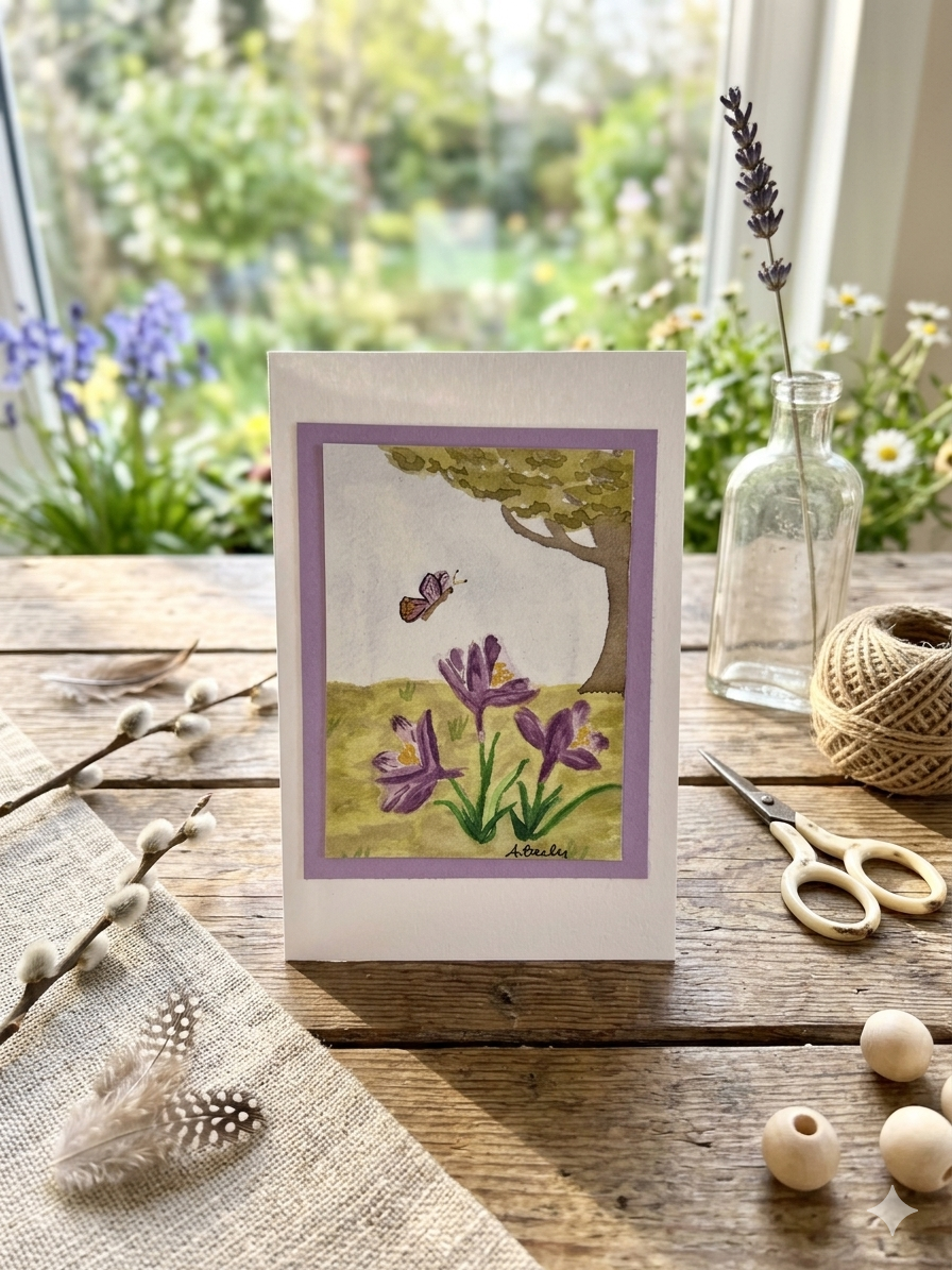 Butterfly and Crocus Watercolor Card, original art, includes postage stamp, blank inside for any occasion