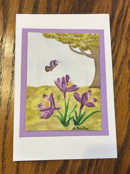 Butterfly and Crocus Watercolor Card, original art, includes postage stamp, blank inside for any occasion