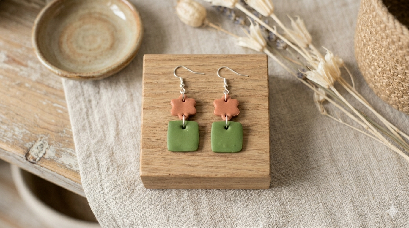 Elegant Earthy Blossom Dangle Earrings – Handmade Polymer Clay Jewelry