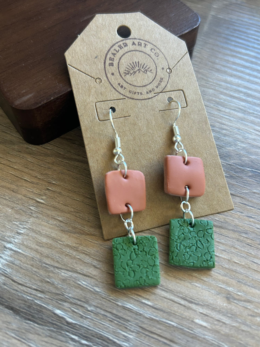 Hand-Etched Polymer Clay Dangle Earrings | Terracotta and Moss Green
