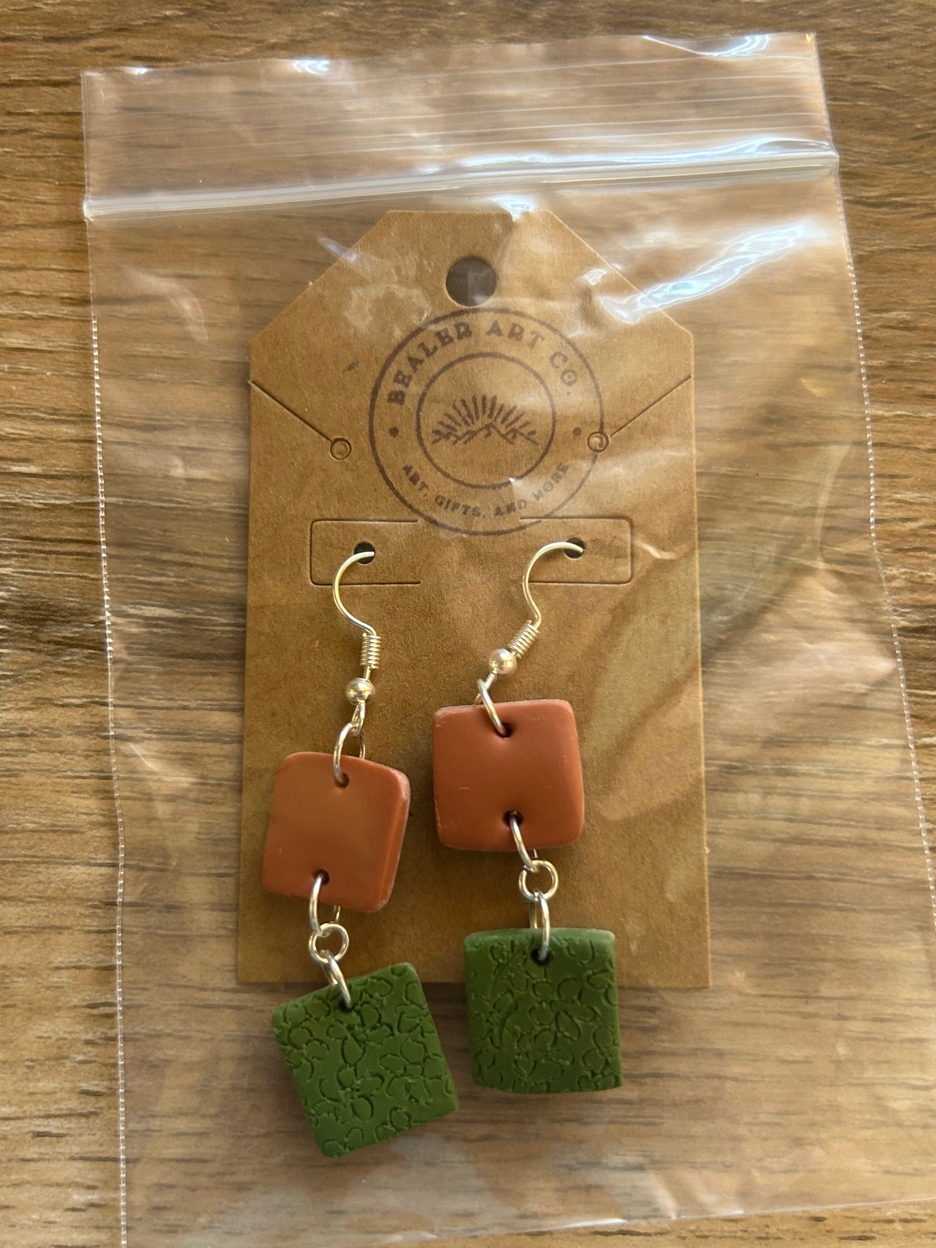 Hand-Etched Polymer Clay Dangle Earrings | Terracotta and Moss Green
