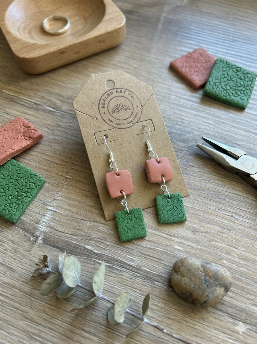 Hand-Etched Polymer Clay Dangle Earrings | Terracotta and Moss Green