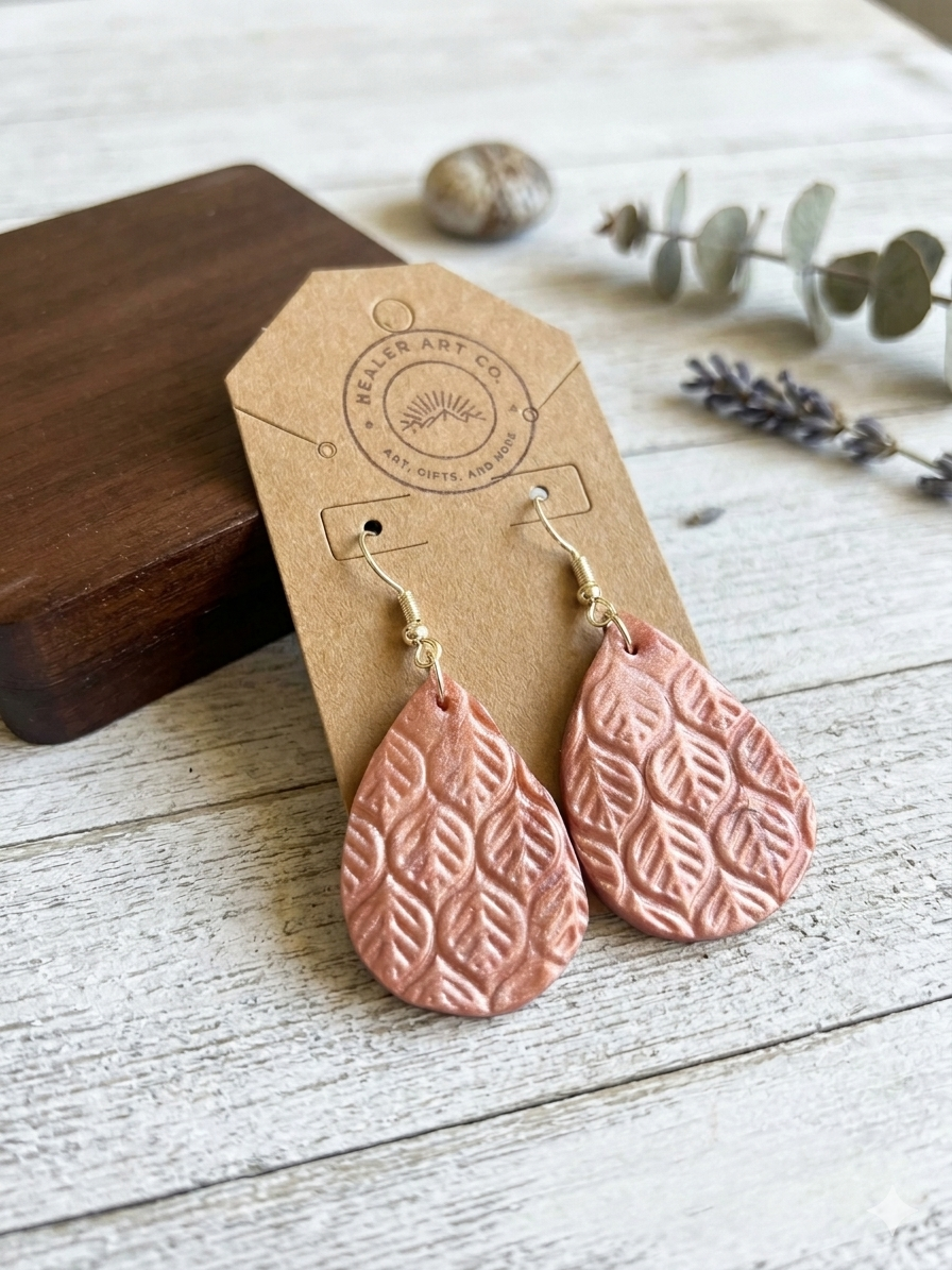 Rose Pink Botanical Teardrop Dangle Earrings