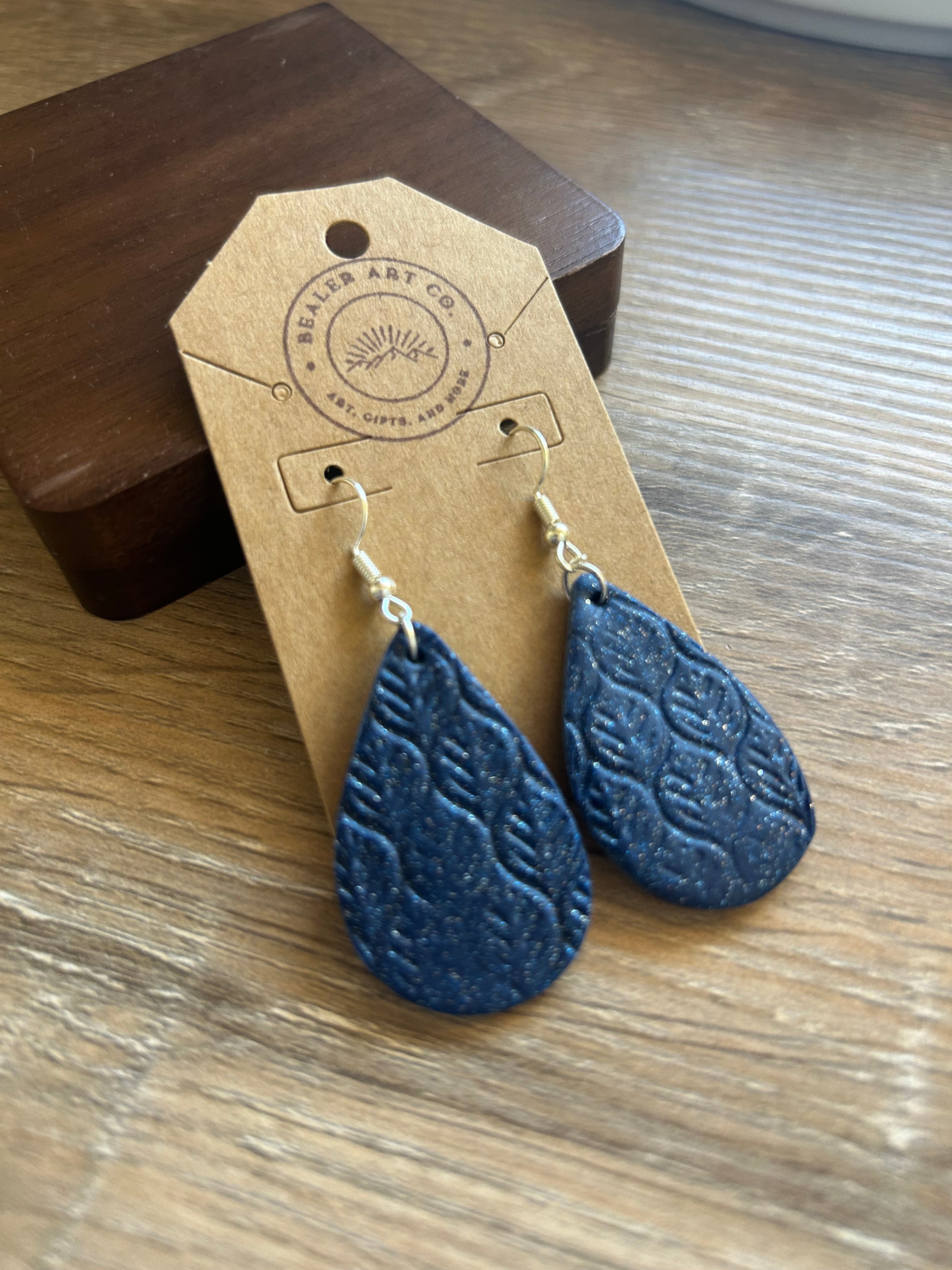 Elegant Textured Blue Polymer Clay Earrings | Nickel-Free Silver