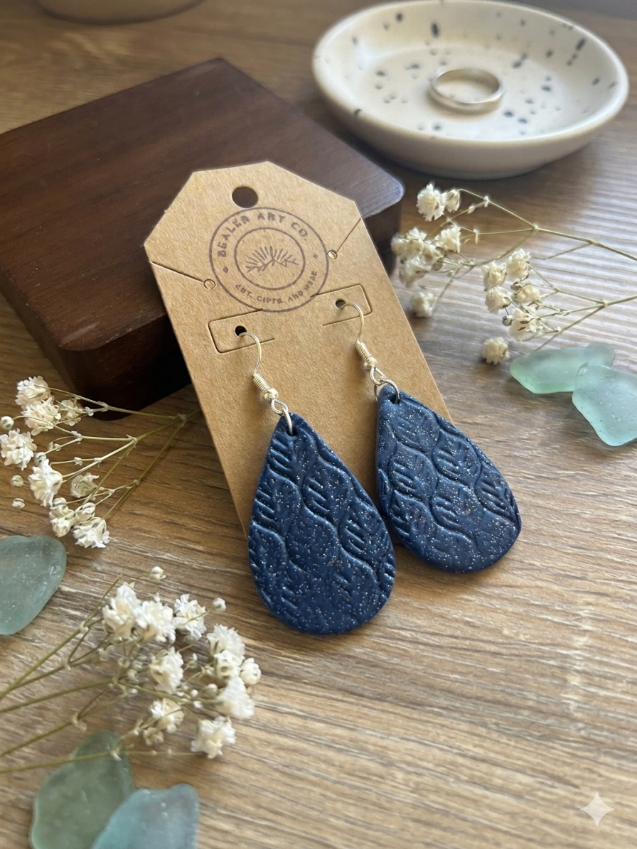 Elegant Textured Blue Polymer Clay Earrings | Nickel-Free Silver