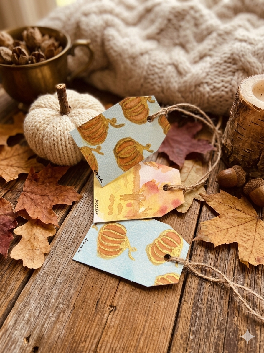 Cozy Autumn Watercolor Gift Tags Set, Original Hand-Painted