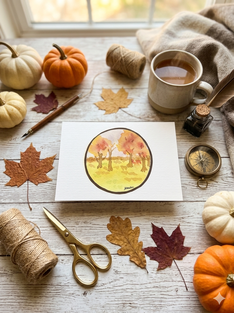Hand-Painted Autumn Landscape 4x6 Blank Card