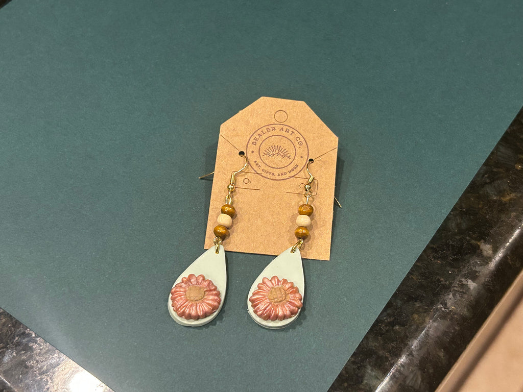 Pink Sunflower Polymer Clay Teardrop Dangle Earrings with Bead Accents