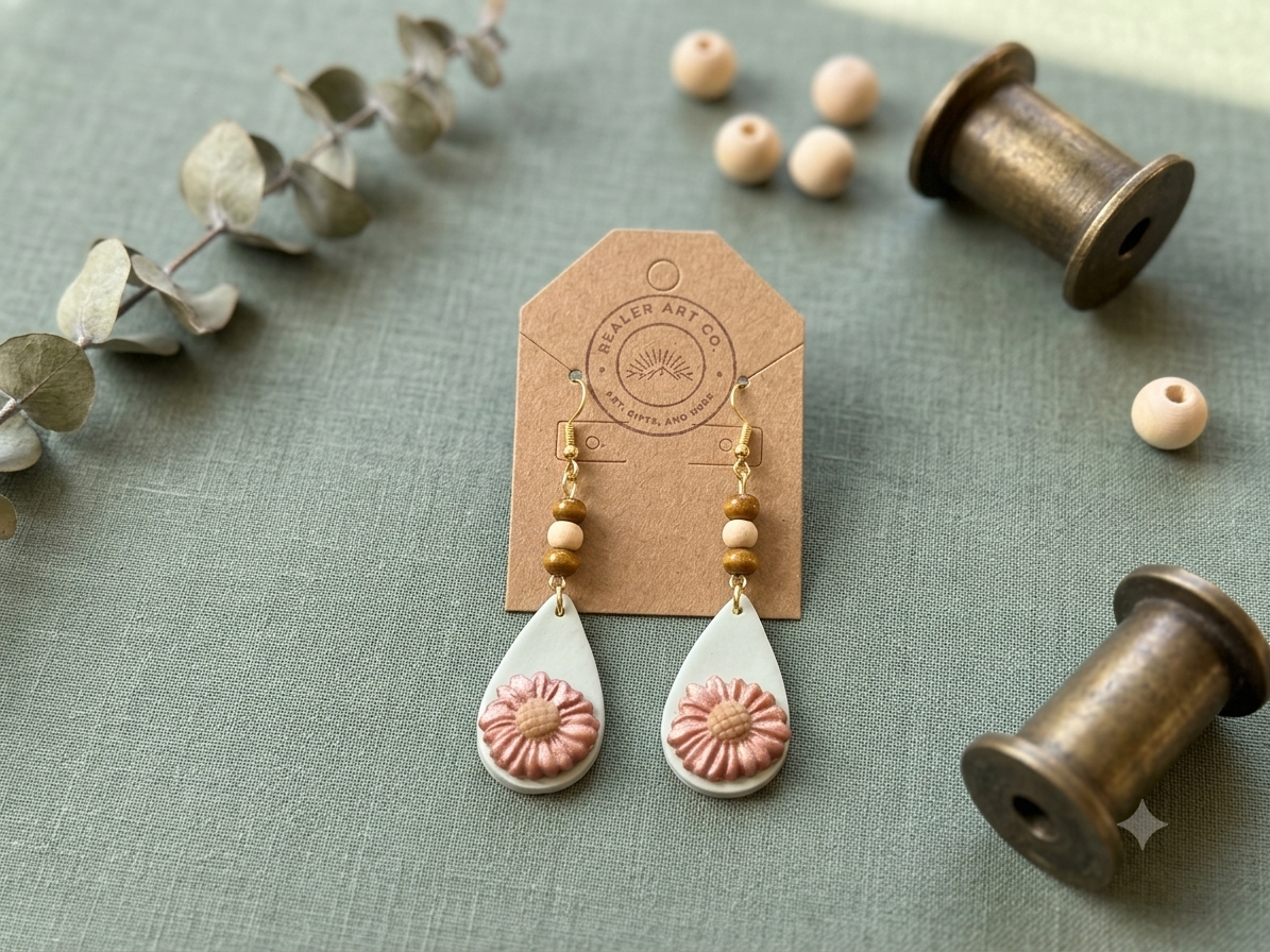 Pink Sunflower Polymer Clay Teardrop Dangle Earrings with Bead Accents