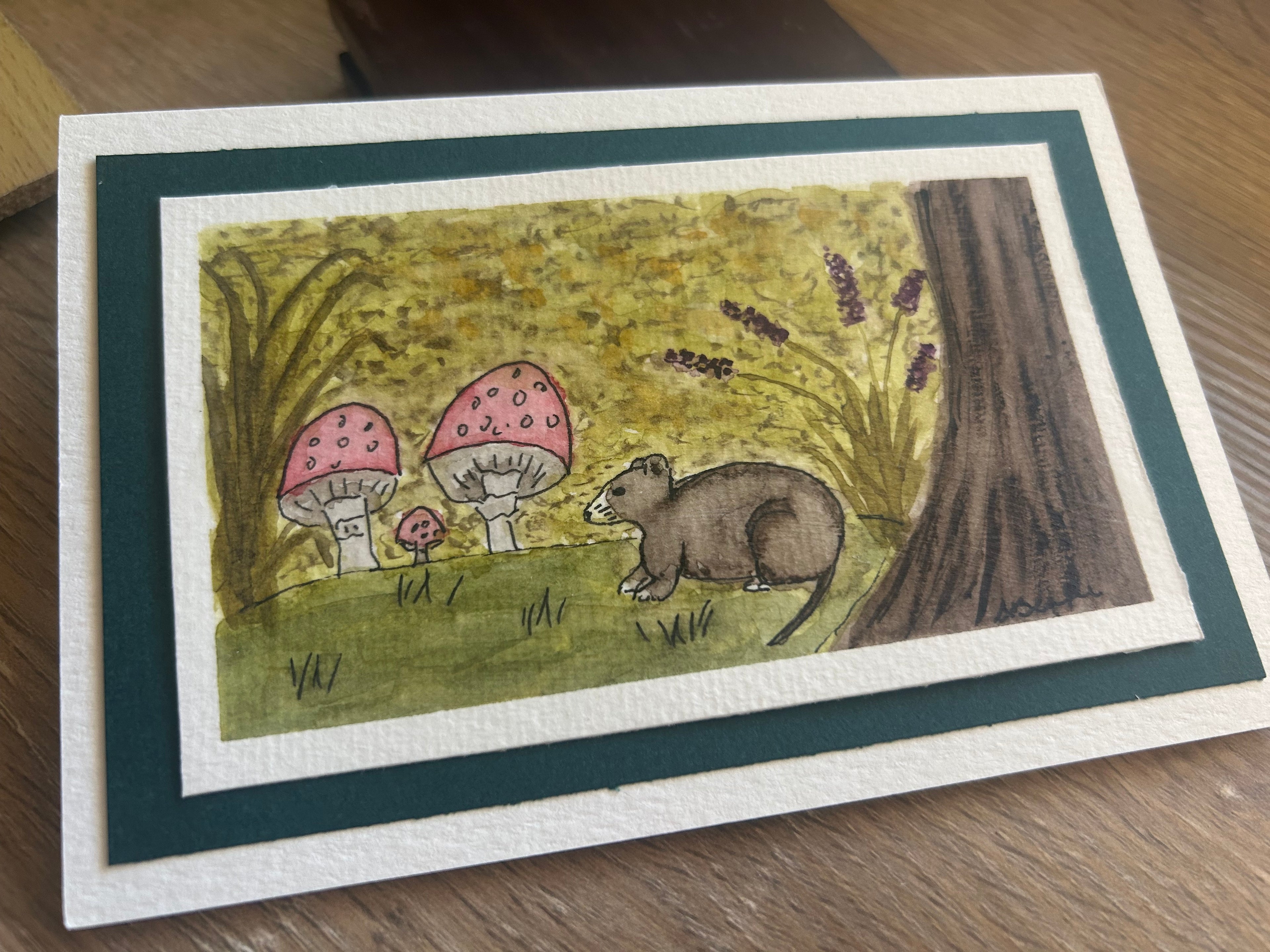 Hand-Painted Watercolor Forest Possum & Mushrooms Greeting Card – 4x6 Fine Art Stationary
