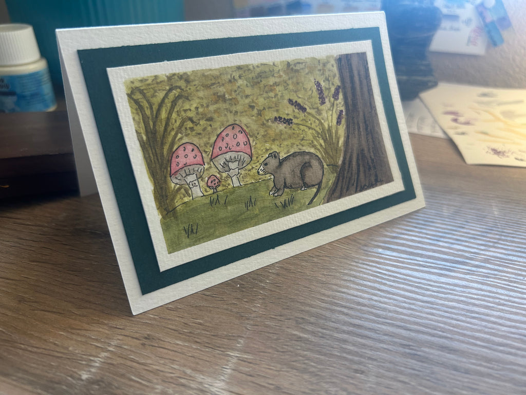 Hand-Painted Watercolor Forest Possum & Mushrooms Greeting Card – 4x6 Fine Art Stationary