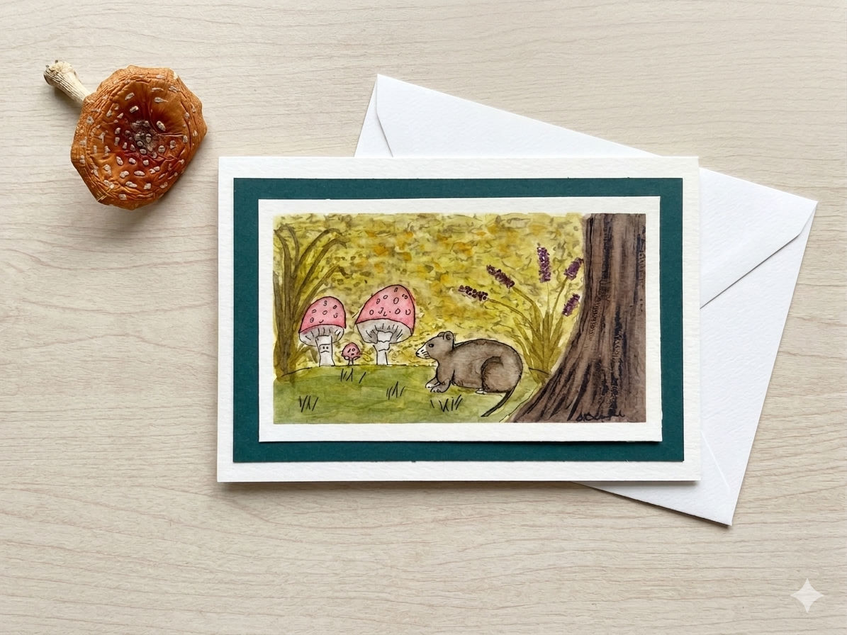 Hand-Painted Watercolor Forest Possum & Mushrooms Greeting Card – 4x6 Fine Art Stationary