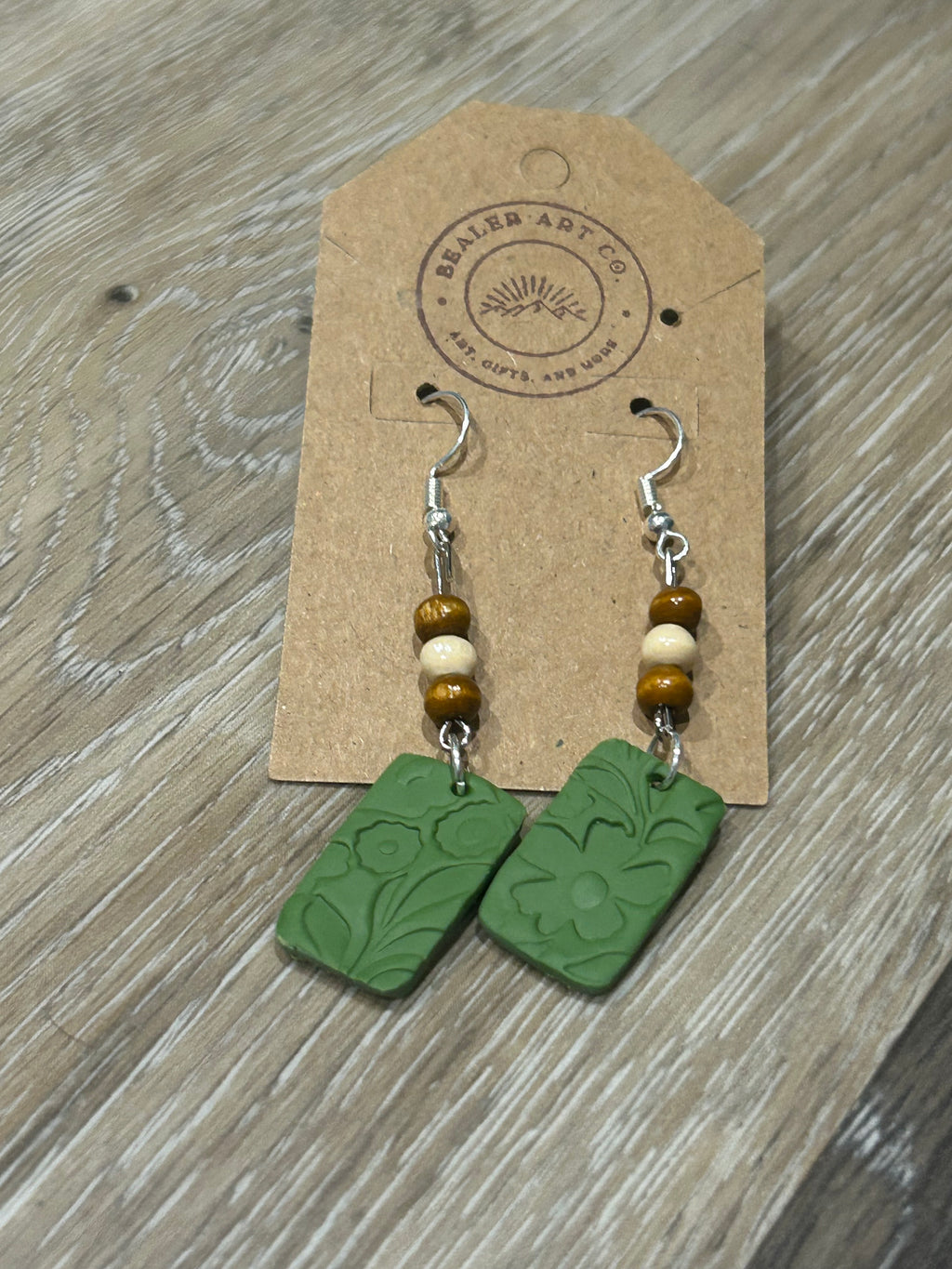 Handmade Clay Polymer Botanical Earrings with Wood Beads