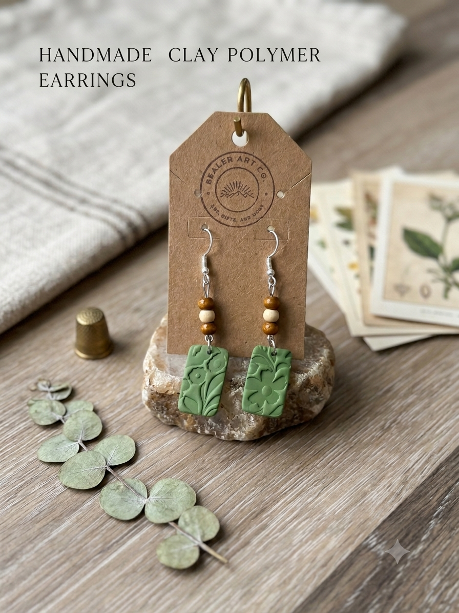 Handmade Clay Polymer Botanical Earrings with Wood Beads