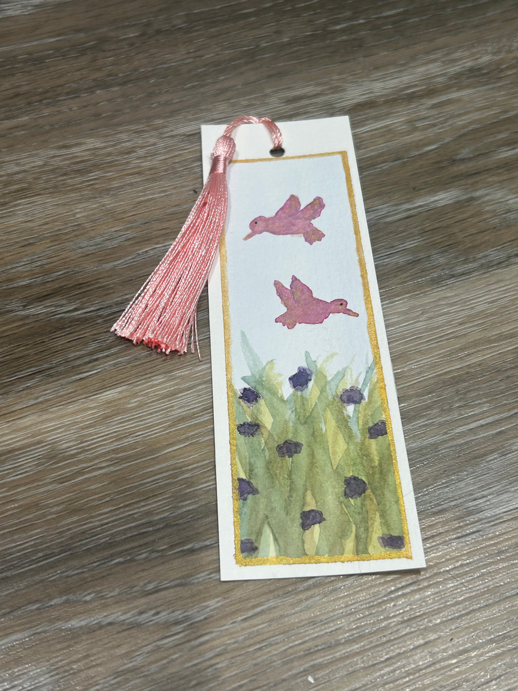 Hand-Painted Watercolor Hummingbird Bookmark with Pink Tassel