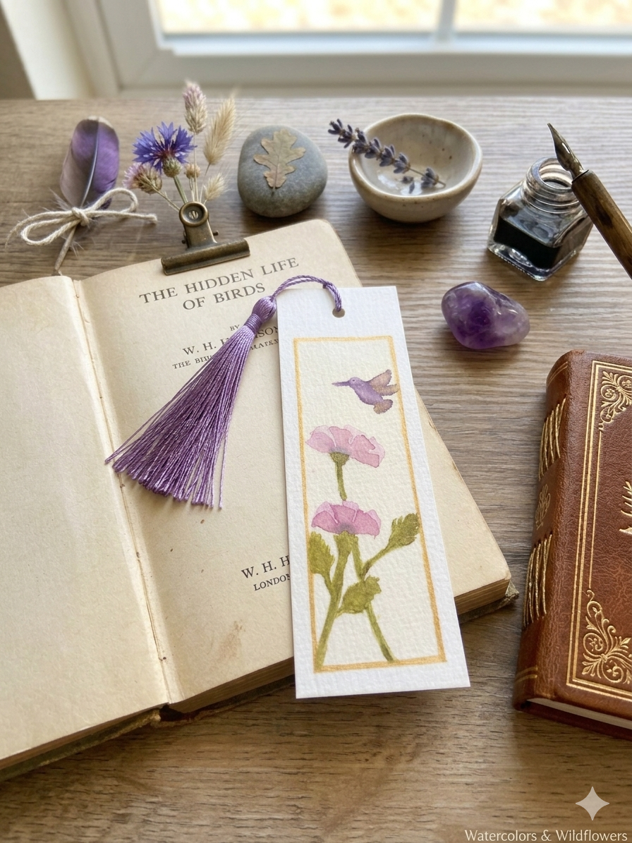 Original Handmade Watercolor Hummingbird Bookmark