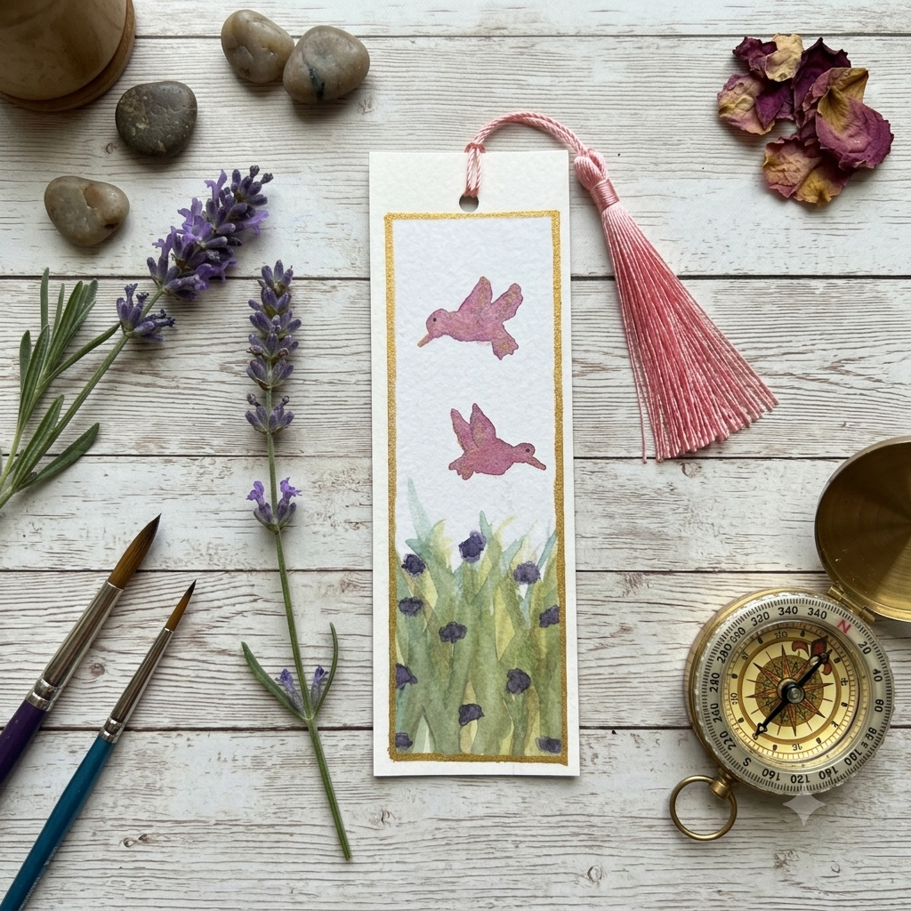 Hand-Painted Watercolor Hummingbird Bookmark with Pink Tassel