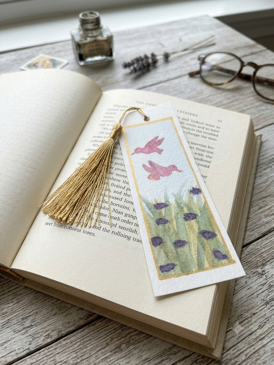 Hummingbird & Lavender Watercolor Bookmark with Gold Tassel