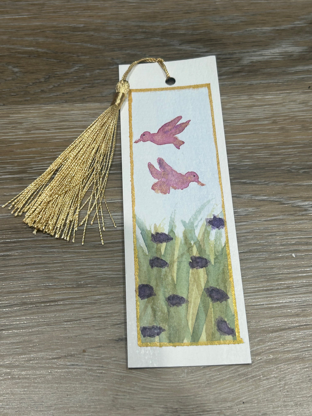 Hummingbird & Lavender Watercolor Bookmark with Gold Tassel