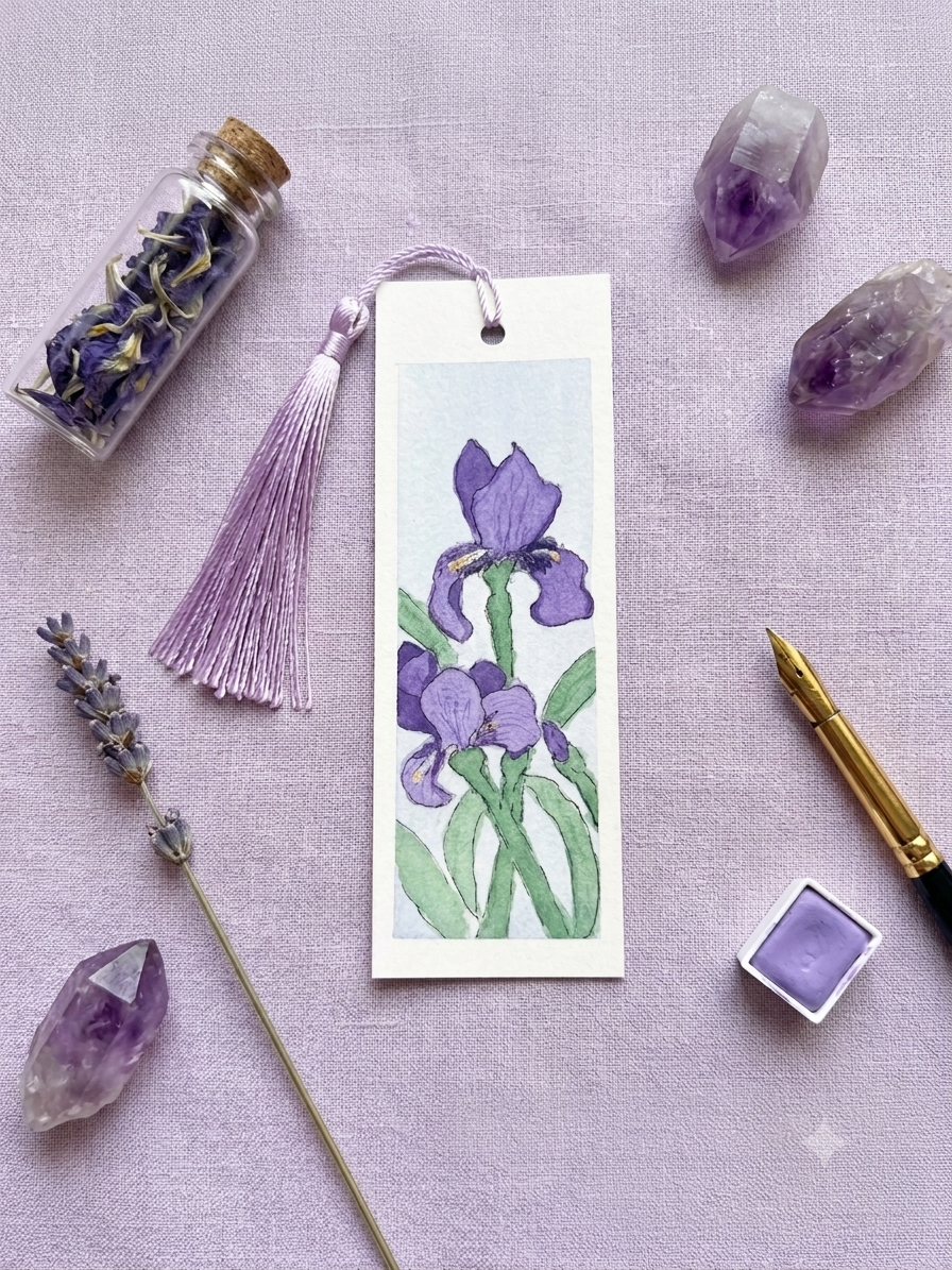 Hand-Painted Purple Iris Watercolor Bookmark with Tassel