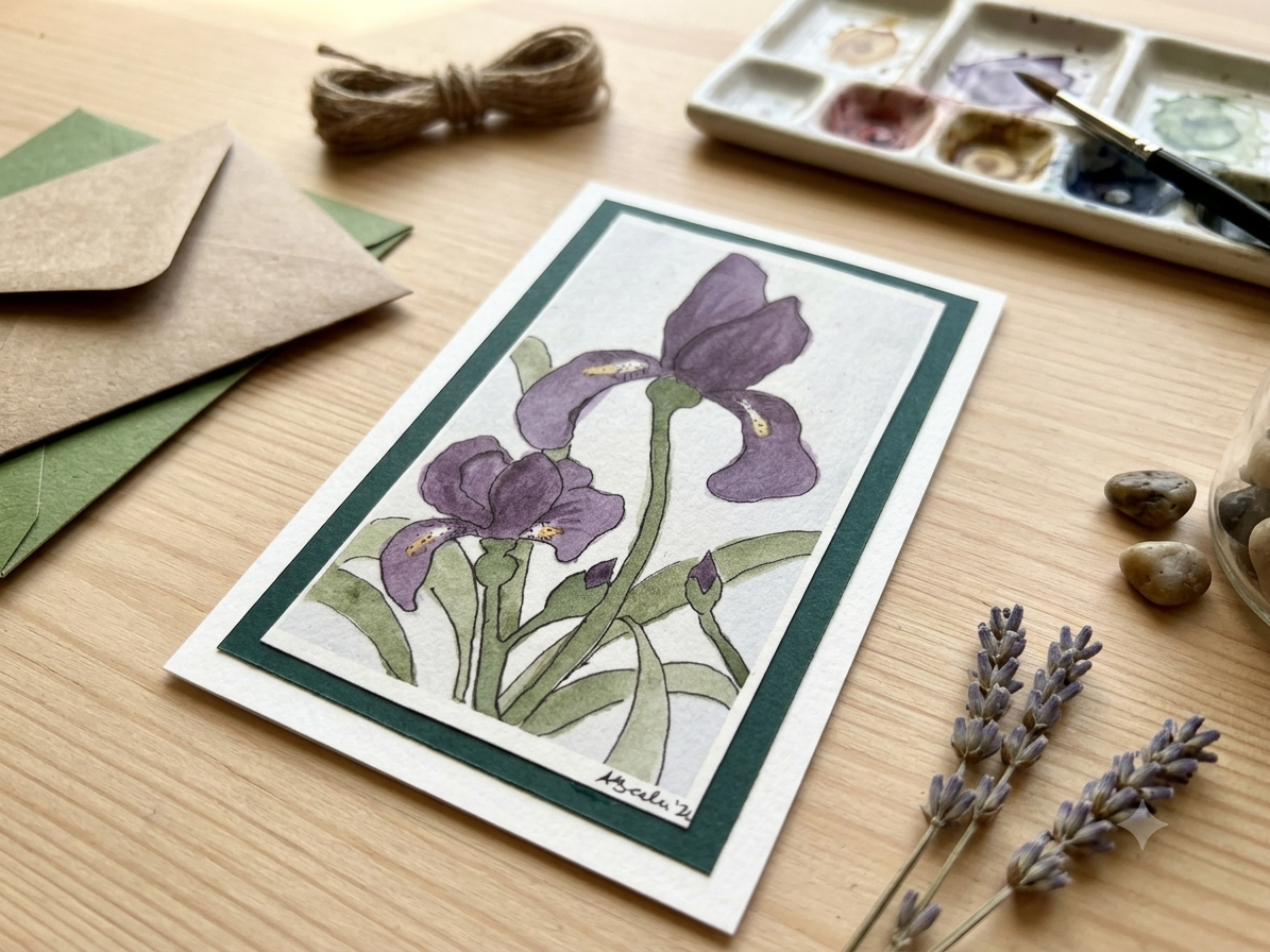 Hand-Painted Iris Watercolor Card | Blank Greeting Card