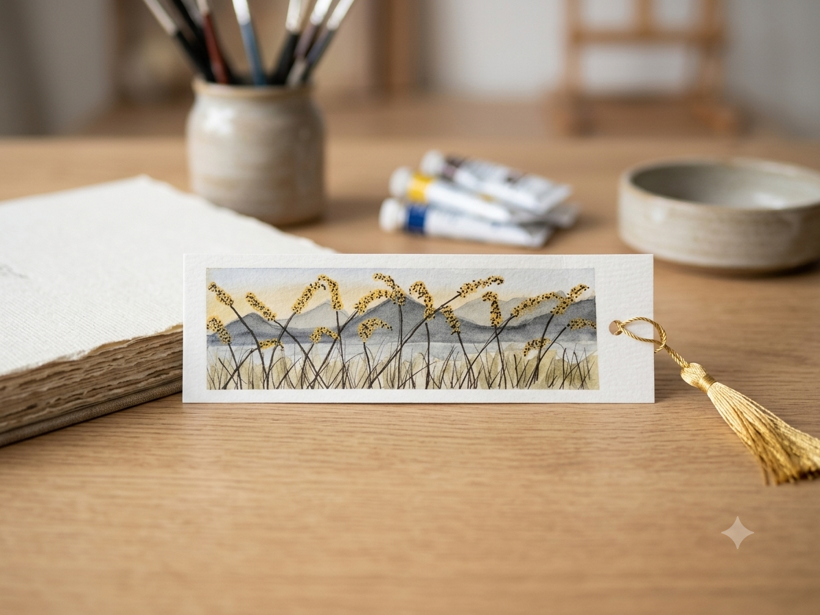 Hand-Painted Landscape Watercolor Bookmark with Tassel